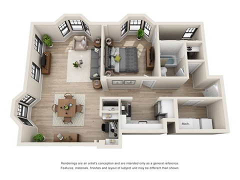 Floor plan for 1 bed, 1 bath, 789 sqft